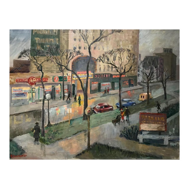 Hyde Park Neighborhood, the Piccadilly Theater, Chicago, Il 1957, Oil Painting by Ruth L. Drucker For Sale