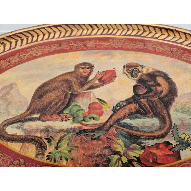 Red Red and Gold Oval Monkey Themed Side Table For Sale - Image 8 of 14