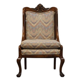 Vintage Antique Solid Mahogany Gothic Revival Jacobean Upholstered Arm Chair For Sale