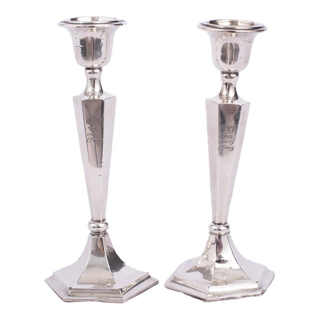 1910s Edwardian Sterling Silver Rowing Trophy Candlesticks - a Pair For Sale