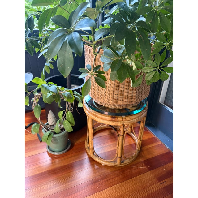 Wood Glass-Topped Bamboo Side Table or Plant Stand For Sale - Image 7 of 7