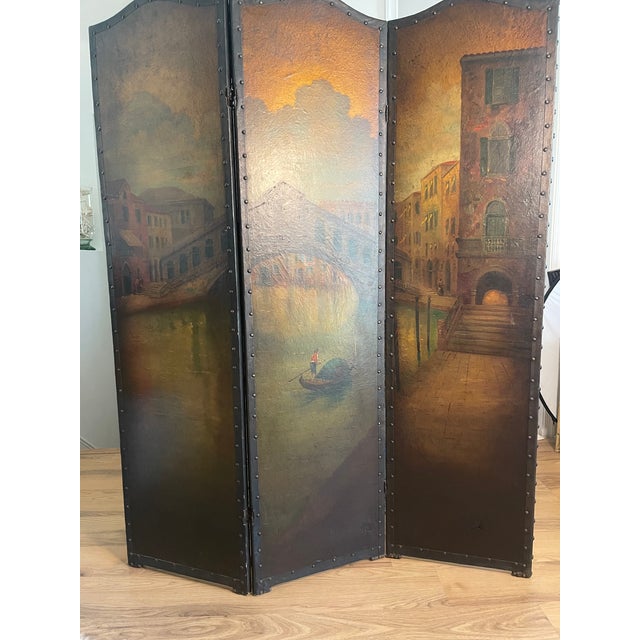 Italian Antique Italian Ponte Rialto Handpainted Parchment Leather Floor Screen For Sale - Image 3 of 18