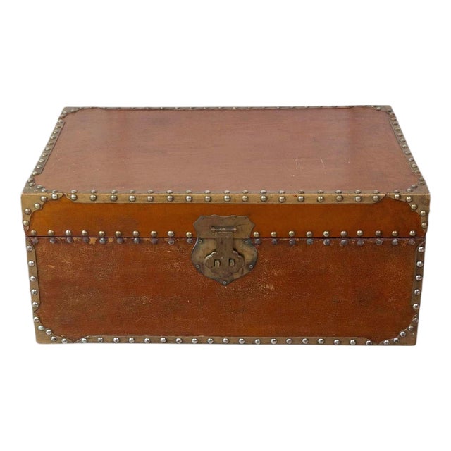 French 19th Century Leather-Lined Trunk with Brass Studs For Sale