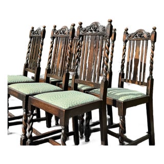 Antique Set of Six Barley Twist Dining Chairs With Teal Leopard Upholstery For Sale