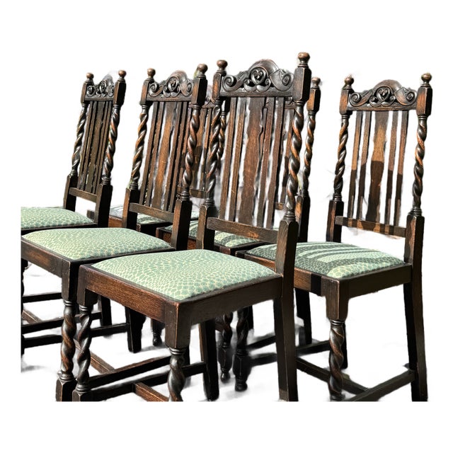 Antique Set of Six Barley Twist Dining Chairs With Teal Leopard Upholstery For Sale