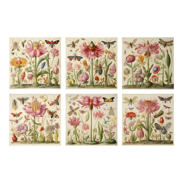 Set of 6 - 54" X 36" Gallery Wall Installation 'Insects and Flowers' Botanical Floral Prints, Unframed For Sale