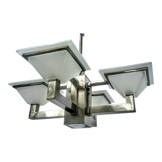 Early 21st Century 5-Light Postmodern Mission Style Chandelier in Brushed Nickel Finish For Sale