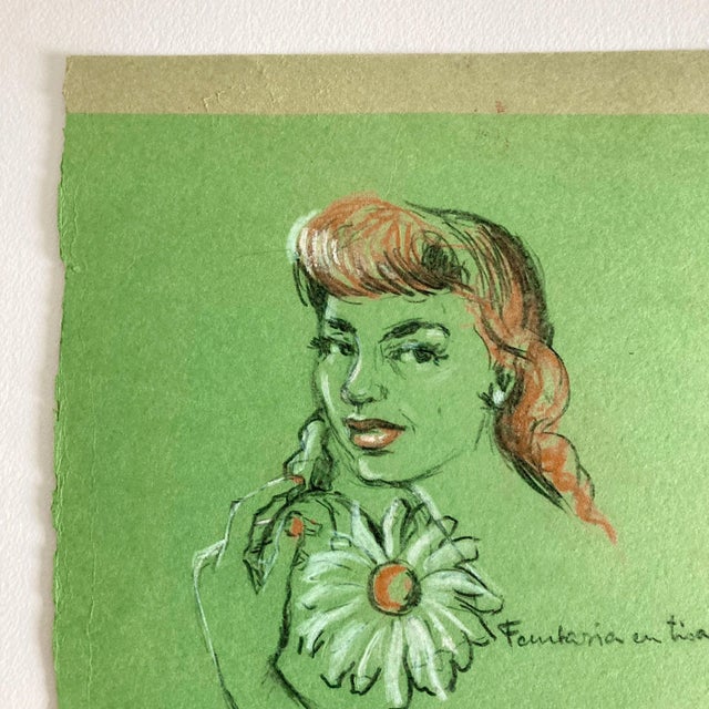 1950s Original Modern Portrait Pastel Drawing of a Woman on Green Paper For Sale - Image 9 of 11