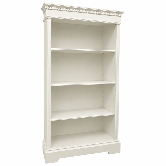 Freshly refinished in Benjamin Moore Seapearl (OC-19), this elegant vintage bookcase offers timeless Neoclassical styling...