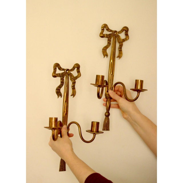 Vintage French Brass Double Arm Bow Sconces, Set of 2 For Sale - Image 6 of 13