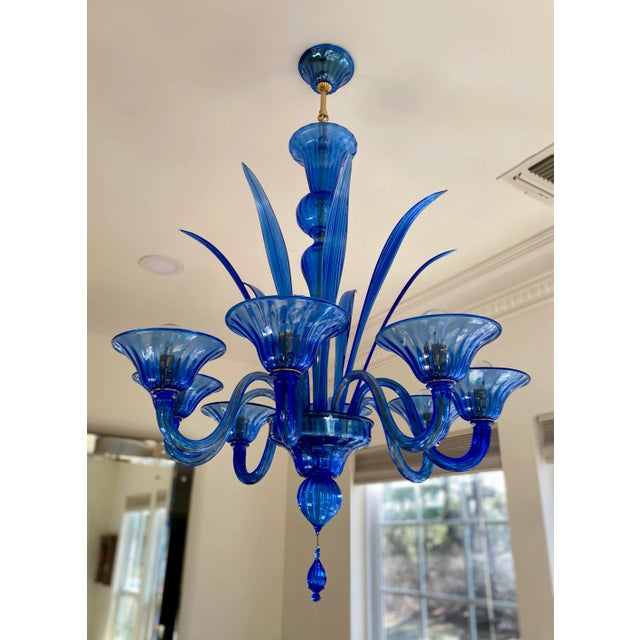 Blue 1980s Blue Murano Style Glass Chandelier With 8 Leaves and 8 Lighted Arms, Hand Blown in Murano Italy For Sale - Image 8 of 11