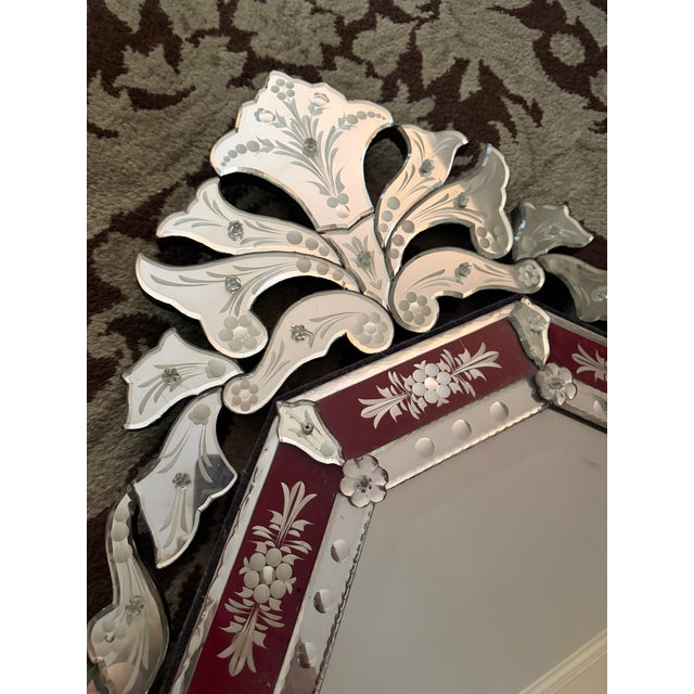 1950s Wall Mirror Red Venetian Octagonal Etched Glass Floral Hollywood Regency For Sale - Image 5 of 8
