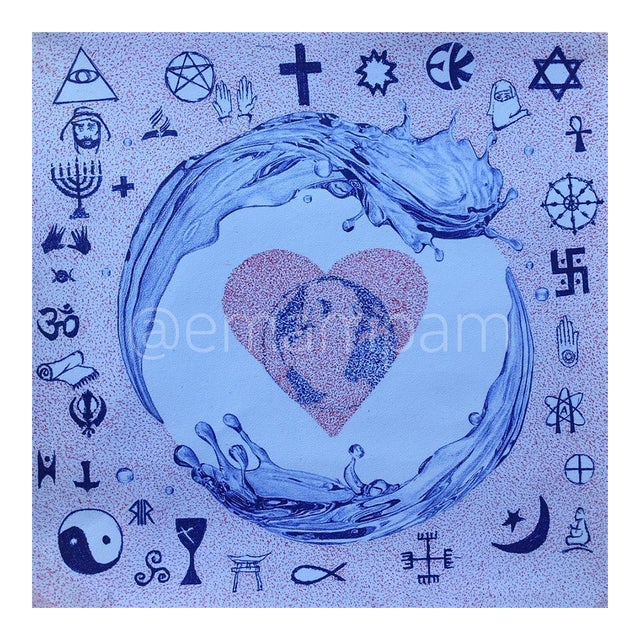One Love Religion, Pen Drawing by Emmanuel Akolo, Ready to Hang For Sale