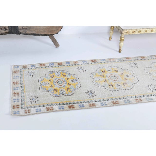 Vintage Turkish Hand-Knotted Wool Cotton White Runner For Sale - Image 4 of 9