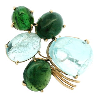 Italian Mid-Century Aquamarine & Green Tourmaline Floral Brooch in 14k Gold For Sale