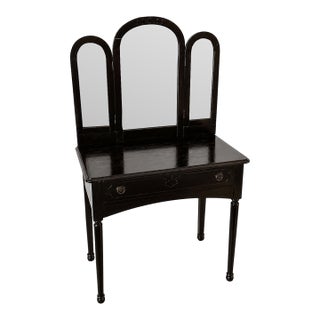 Antique Early 20th Century Mahogany Wood Vanity With Tri Folding Arched Mirrors For Sale