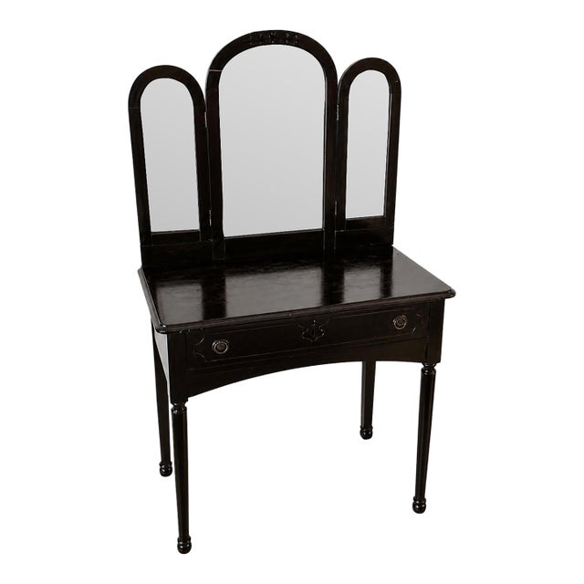 Antique Early 20th Century Mahogany Wood Vanity With Tri Folding Arched Mirrors For Sale