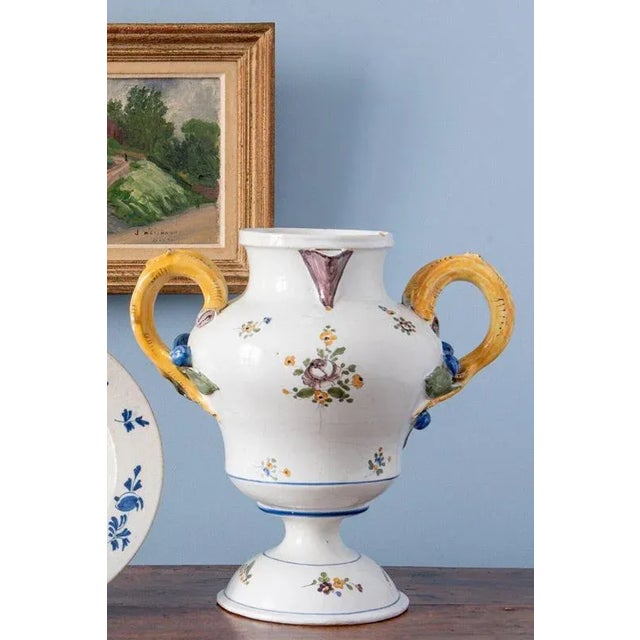 French Floral Faience Double-Handle Vase, 18th Century For Sale - Image 9 of 11