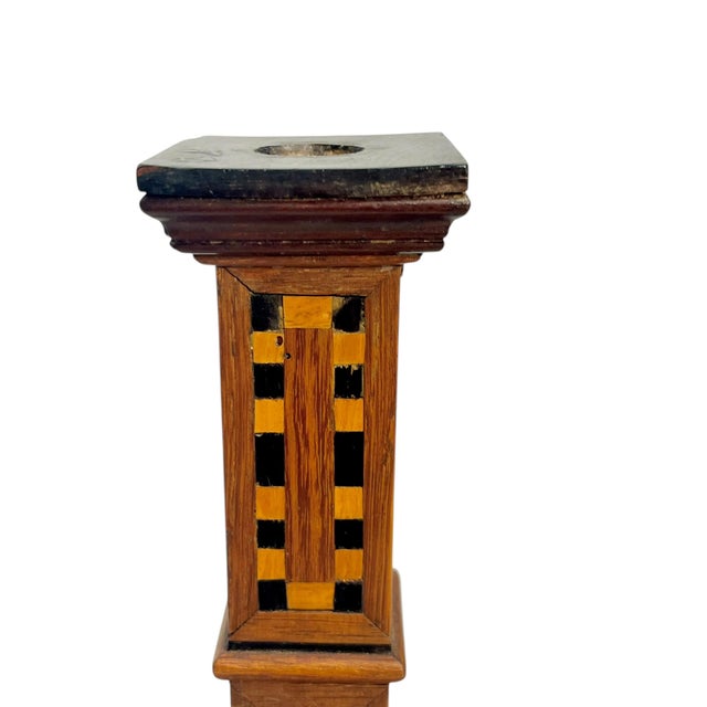 Wood Antique Italian Marquetry Inlaid Wood Candlesticks – Pair With Octagonal Bases For Sale - Image 7 of 18