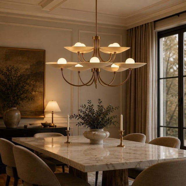 Mid-Century Modern 9 Light Brass Chandelier, Mid Century Modern Globe Light, Handmade Antique Brass Ceiling Fixture, Luxury Dining Room Lighting For Sale - Image 3 of 13