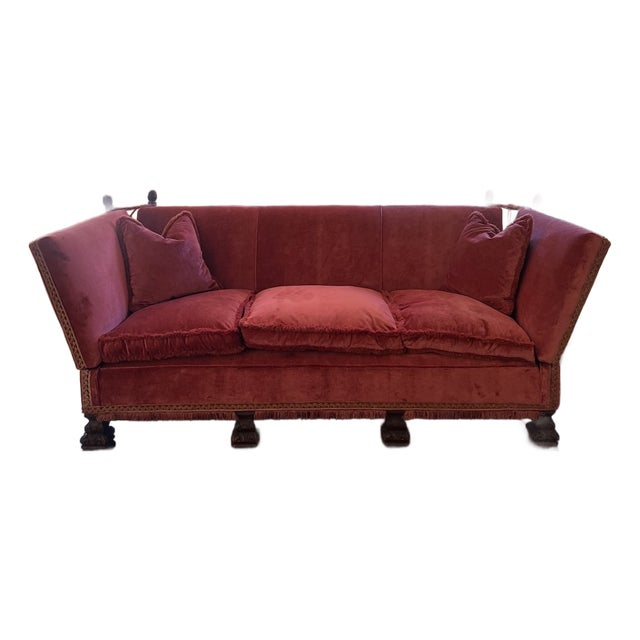 1920s Spanish Revival Tuxedo Couch in Red Velvet For Sale