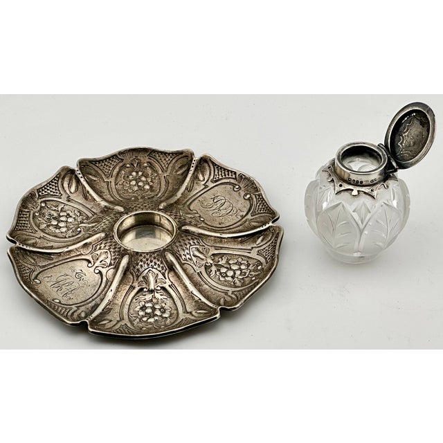 Outstanding Antique Victorian Hand Made London Sterling Silver & Hand Gut Crystal Inkwell - Circa 1865 For Sale - Image 12 of 18