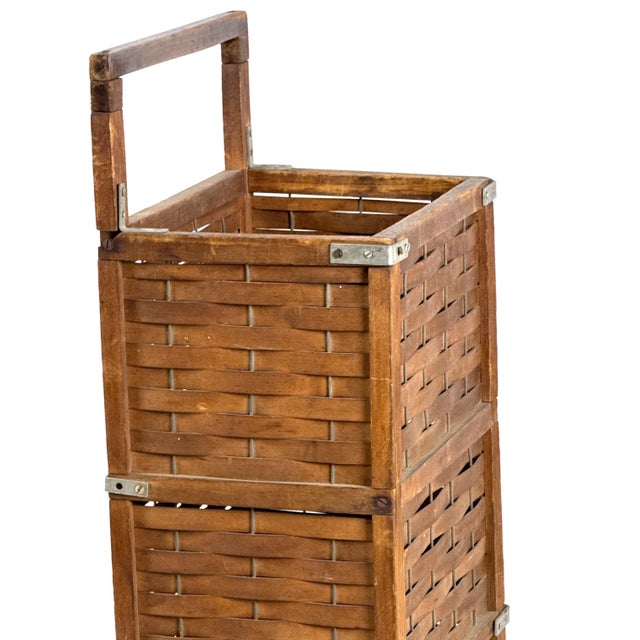 Antique 1910s Woven Splint Wood Rolling Cart Utility Basket / Wheeled Shopping Trolley For Sale - Image 10 of 18