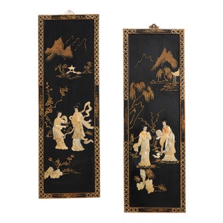 Pair of Chinese Black Lacquer Wall Art Panels For Sale
