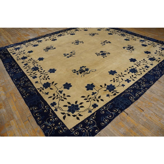 Antique Peking Chinese Classic Traditional Floral Ivory Square 1880s Rug For Sale - Image 10 of 11
