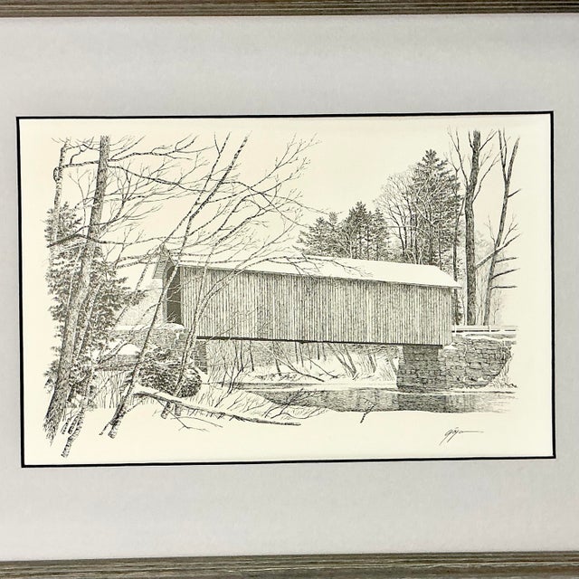 Gray Mid-Century Americana Rustic Lithograph From Pencil Drawing, Covered Bridge Framed. For Sale - Image 8 of 13