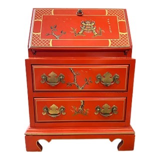 1970's Red & Gold Chinoiserie Painted Side Table / Cabinet For Sale