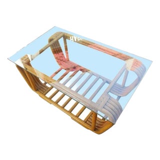 1950s Restored Five Strand Rattan Coffee Table With Floating Glass Top For Sale