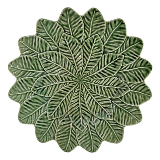 Vintage Majolica Lemon Leaf Serving Plate by Bordallo Pinheiro For Sale