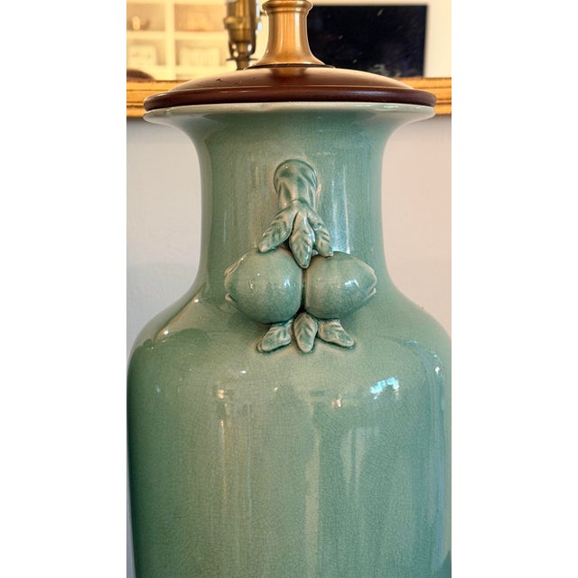2000 - 2009 Ralph Lauren Lamps Chinese Crackled Pottery Celadon With Pomegranate Handles -a Pair For Sale - Image 5 of 15