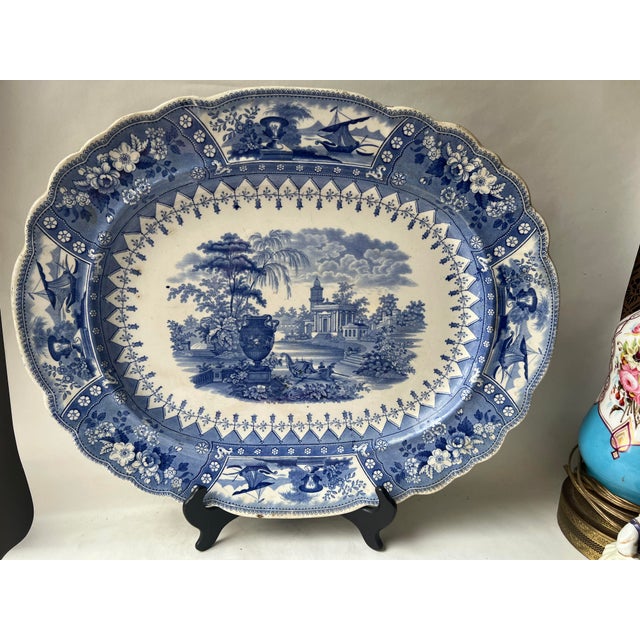 Victorian Staffordshire light blue transfer-printed “Canova” platter. Antique platter features an urn and gondola type...