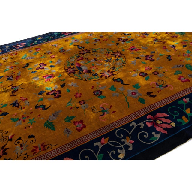 1920s Antique Peking Chinese Wool Rug Handmade With Floral Design in Goldenrod For Sale In New York - Image 6 of 9
