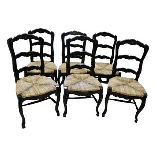 Vintage French Oak Dining Chairs With Rush Seats For Sale