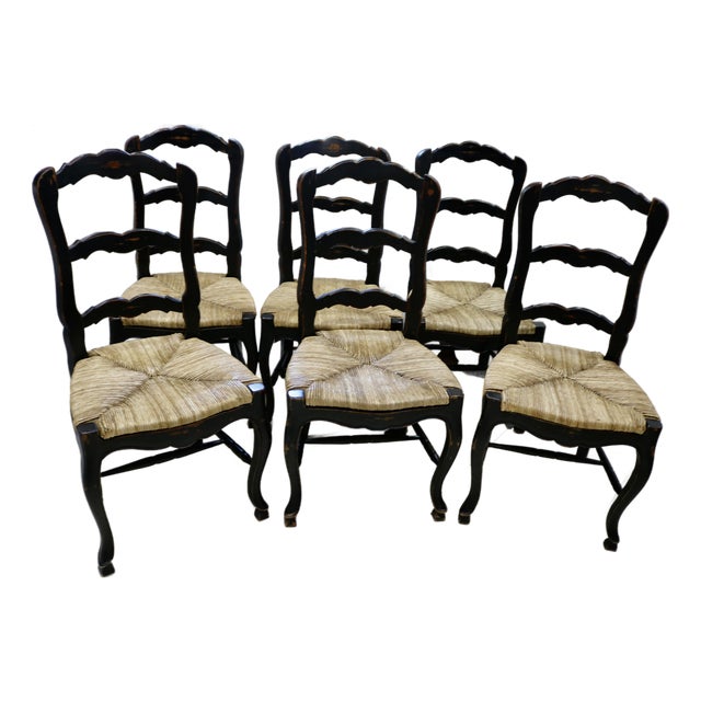 Vintage French Oak Dining Chairs With Rush Seats For Sale