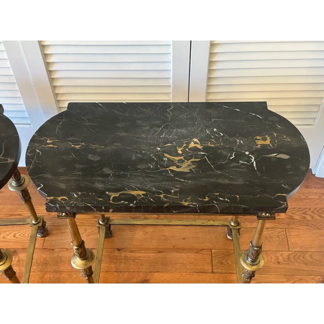 Black Vintage Italian Portoro Marble Top SideTables With Ornate Gilded Metal Bases - Pair For Sale - Image 8 of 15