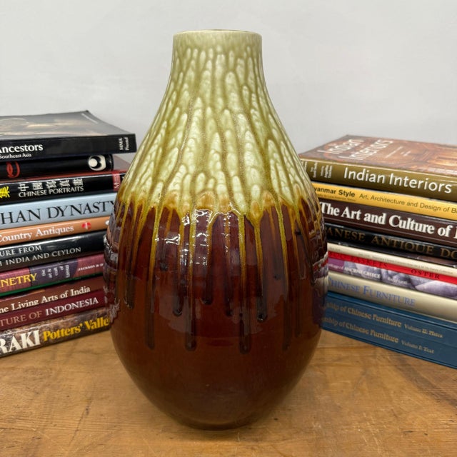 Amber Brown Vase with Cream and Gold Drip Glaze Finish For Sale - Image 4 of 8