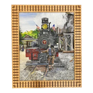 1990s Folk Art Roaring Camp Railroad Locomotive Painting
