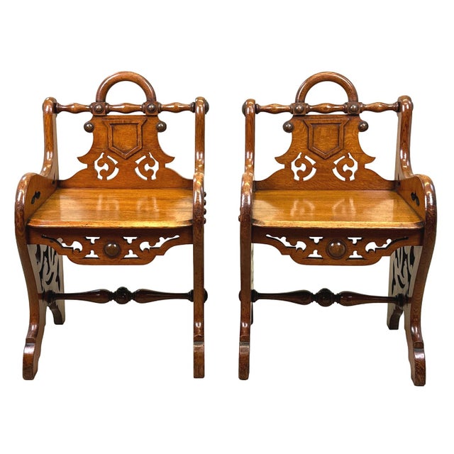 Wood Set of 19th Century Oak Hall Seats, 1880 For Sale - Image 7 of 15