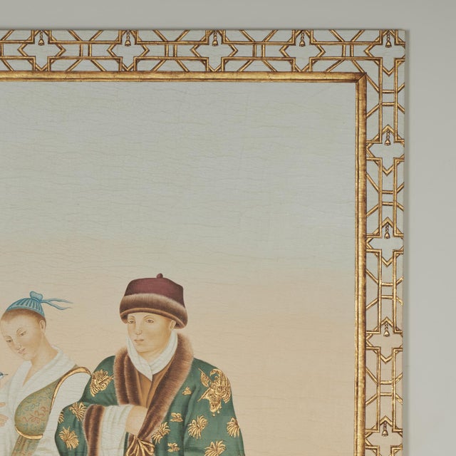Contemporary Large Oriental Style Painting of Figures in a Garden For Sale - Image 3 of 12