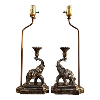 Hollywood Regency Ornate Elephant Sculptural Table Lamps - Pair For Sale