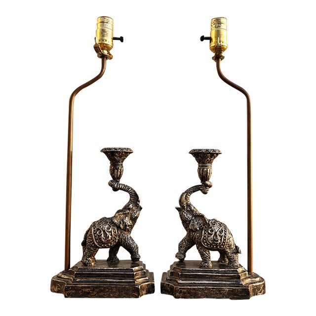Hollywood Regency Ornate Elephant Sculptural Table Lamps - Pair For Sale