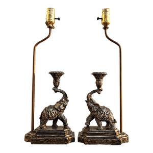 Hollywood Regency Ornate Elephant Sculptural Table Lamps - Pair