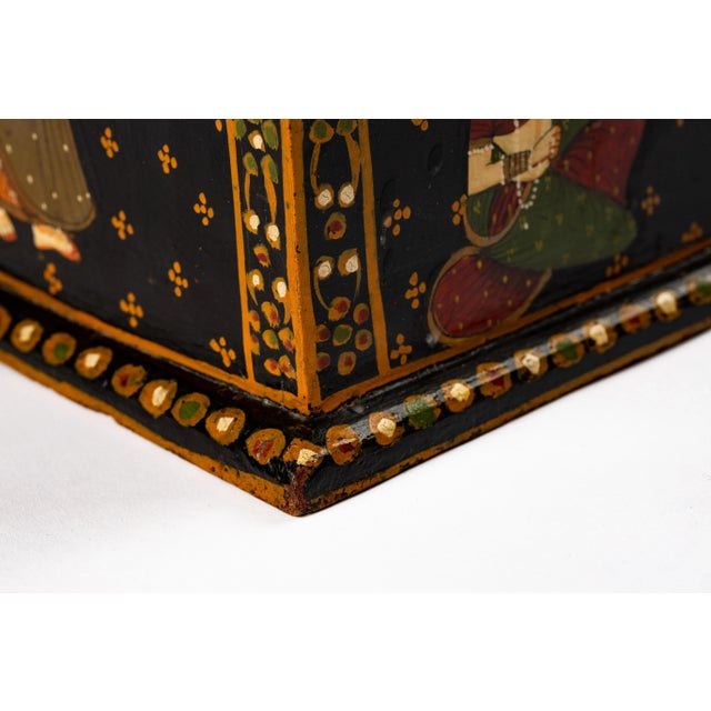 Vintage Rajasthani Indian Hand Painted Wood Jewelry Dowry Box For Sale - Image 4 of 13