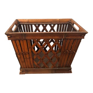 Vintage Bamboo & Rattan Lattice Magazine Holder With Cutout Handles For Sale