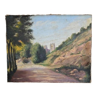 French Vintage Landscape Painting with Cathedral For Sale