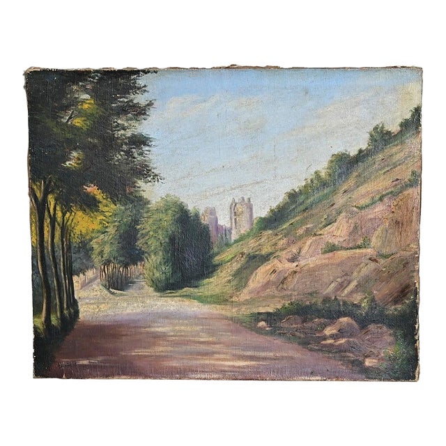 French Vintage Landscape Painting with Cathedral For Sale